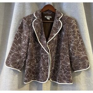 Nygard Blazer Women Brown Linen Size 8 Embroidered Leaves VTG Classic Lines